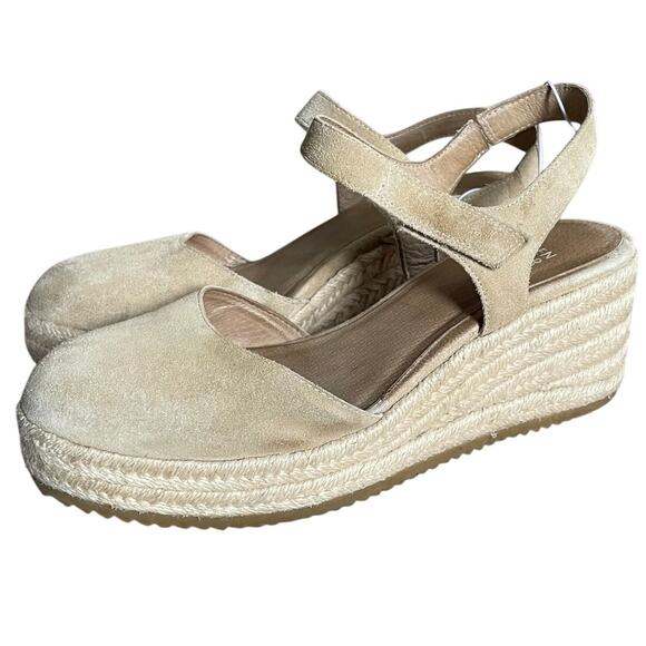 Eileen Fisher Nessa Espadrille Wedge Suede Leather Sandals Tan Beige Size 7 - Picture 1 of 12
